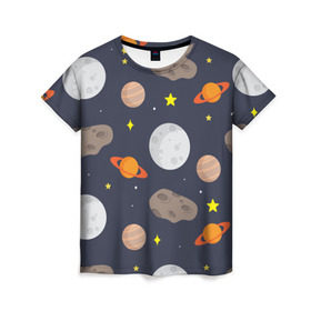 Женская футболка 3D с принтом Луна в Екатеринбурге, 100% полиэфир ( синтетическое хлопкоподобное полотно) | прямой крой, круглый вырез горловины, длина до линии бедер | астероид | луна | метеорит | планета | сатурн | юпитер