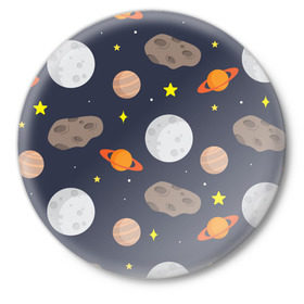Значок с принтом Луна в Екатеринбурге,  металл | круглая форма, металлическая застежка в виде булавки | астероид | луна | метеорит | планета | сатурн | юпитер