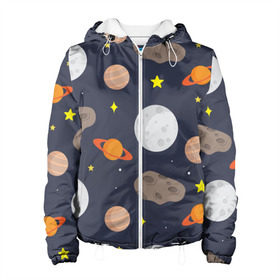 Женская куртка 3D с принтом Луна в Екатеринбурге, ткань верха — 100% полиэстер, подклад — флис | прямой крой, подол и капюшон оформлены резинкой с фиксаторами, два кармана без застежек по бокам, один большой потайной карман на груди. Карман на груди застегивается на липучку | астероид | луна | метеорит | планета | сатурн | юпитер