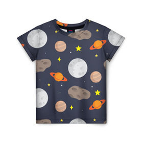 Детская футболка 3D с принтом Луна в Екатеринбурге, 100% гипоаллергенный полиэфир | прямой крой, круглый вырез горловины, длина до линии бедер, чуть спущенное плечо, ткань немного тянется | астероид | луна | метеорит | планета | сатурн | юпитер