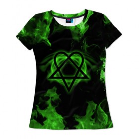 Женская футболка 3D с принтом HIM зеленое пламя в Екатеринбурге, 100% полиэфир ( синтетическое хлопкоподобное полотно) | прямой крой, круглый вырез горловины, длина до линии бедер | 