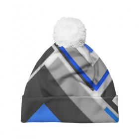 Шапка 3D c помпоном с принтом Спортивная геометрия #7 в Екатеринбурге, 100% полиэстер | универсальный размер, печать по всей поверхности изделия | геометрия | модные | синий | спорт | спортивные | фигуры | цвет | черный | черый