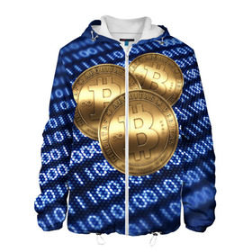 Мужская куртка 3D с принтом Bitcoin в Екатеринбурге, ткань верха — 100% полиэстер, подклад — флис | прямой крой, подол и капюшон оформлены резинкой с фиксаторами, два кармана без застежек по бокам, один большой потайной карман на груди. Карман на груди застегивается на липучку | bitcoin | блокчейн | криптовалюта