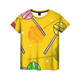 Женская футболка 3D с принтом Чупа-Чупс в Екатеринбурге, 100% полиэфир ( синтетическое хлопкоподобное полотно) | прямой крой, круглый вырез горловины, длина до линии бедер | конфеты | леденец | паттерн | сладость | узор | чупа чупс