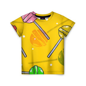 Детская футболка 3D с принтом Чупа-Чупс в Екатеринбурге, 100% гипоаллергенный полиэфир | прямой крой, круглый вырез горловины, длина до линии бедер, чуть спущенное плечо, ткань немного тянется | Тематика изображения на принте: конфеты | леденец | паттерн | сладость | узор | чупа чупс