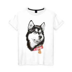 Женская футболка хлопок с принтом Маламут в Екатеринбурге, 100% хлопок | прямой крой, круглый вырез горловины, длина до линии бедер, слегка спущенное плечо | аляска | карандаш | маламут | рисунок | собака | хаски