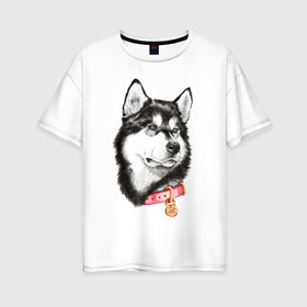 Женская футболка хлопок Oversize с принтом Маламут в Екатеринбурге, 100% хлопок | свободный крой, круглый ворот, спущенный рукав, длина до линии бедер
 | аляска | карандаш | маламут | рисунок | собака | хаски