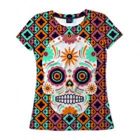 Женская футболка 3D с принтом Цветочный череп в Екатеринбурге, 100% полиэфир ( синтетическое хлопкоподобное полотно) | прямой крой, круглый вырез горловины, длина до линии бедер | skull | мексика | орнамент | узоры | цветы | череп