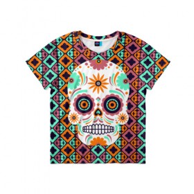 Детская футболка 3D с принтом Цветочный череп в Екатеринбурге, 100% гипоаллергенный полиэфир | прямой крой, круглый вырез горловины, длина до линии бедер, чуть спущенное плечо, ткань немного тянется | skull | мексика | орнамент | узоры | цветы | череп