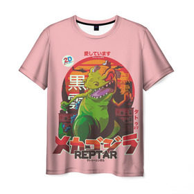 Мужская футболка 3D с принтом Годзилла в Екатеринбурге, 100% полиэфир | прямой крой, круглый вырез горловины, длина до линии бедер | lizard | raptor | reptar | t rex  dino | годзила | годзилла | динозавр | иероглифы | монстр | япония | ящер