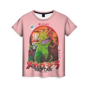 Женская футболка 3D с принтом Годзилла в Екатеринбурге, 100% полиэфир ( синтетическое хлопкоподобное полотно) | прямой крой, круглый вырез горловины, длина до линии бедер | lizard | raptor | reptar | t rex  dino | годзила | годзилла | динозавр | иероглифы | монстр | япония | ящер