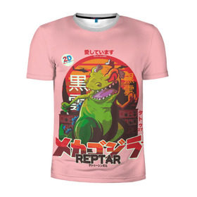 Мужская футболка 3D спортивная с принтом Годзилла в Екатеринбурге, 100% полиэстер с улучшенными характеристиками | приталенный силуэт, круглая горловина, широкие плечи, сужается к линии бедра | lizard | raptor | reptar | t rex  dino | годзила | годзилла | динозавр | иероглифы | монстр | япония | ящер