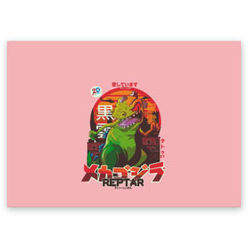 Поздравительная открытка с принтом Годзилла в Екатеринбурге, 100% бумага | плотность бумаги 280 г/м2, матовая, на обратной стороне линовка и место для марки
 | lizard | raptor | reptar | t rex  dino | годзила | годзилла | динозавр | иероглифы | монстр | япония | ящер