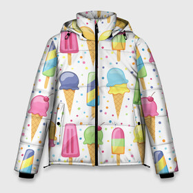 Мужская зимняя куртка 3D с принтом мороженное в Екатеринбурге, верх — 100% полиэстер; подкладка — 100% полиэстер; утеплитель — 100% полиэстер | длина ниже бедра, свободный силуэт Оверсайз. Есть воротник-стойка, отстегивающийся капюшон и ветрозащитная планка. 

Боковые карманы с листочкой на кнопках и внутренний карман на молнии. | Тематика изображения на принте: dessert | food | ice cream | sweets | десерт | еда | мороженное | сладости