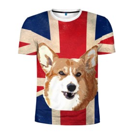 Мужская футболка 3D спортивная с принтом Королевский корги в Екатеринбурге, 100% полиэстер с улучшенными характеристиками | приталенный силуэт, круглая горловина, широкие плечи, сужается к линии бедра | англия | великобритания | вельш корги | корги | корги пемброк | королева | пемброк | собака | флаг