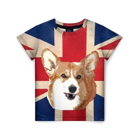 Детская футболка 3D с принтом Королевский корги в Екатеринбурге, 100% гипоаллергенный полиэфир | прямой крой, круглый вырез горловины, длина до линии бедер, чуть спущенное плечо, ткань немного тянется | англия | великобритания | вельш корги | корги | корги пемброк | королева | пемброк | собака | флаг