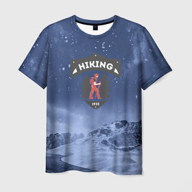 Мужская футболка 3D с принтом Пеший турист в Екатеринбурге, 100% полиэфир | прямой крой, круглый вырез горловины, длина до линии бедер | mountain | возвышение | возвышенность | гора | горка | горы | лес | природа | склон | туман | холм