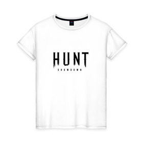 Женская футболка хлопок с принтом Hunt: Showdown Black Logo в Екатеринбурге, 100% хлопок | прямой крой, круглый вырез горловины, длина до линии бедер, слегка спущенное плечо | Тематика изображения на принте: crytek | game | hunt | hunt: showdown | hunter | monsters | showdown | игра | крайтек | охота | столкновение