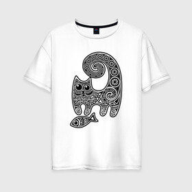 Женская футболка хлопок Oversize с принтом Кот3 в Екатеринбурге, 100% хлопок | свободный крой, круглый ворот, спущенный рукав, длина до линии бедер
 |  кот | котик | рыба | узор | узоры