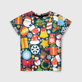 Детская футболка 3D с принтом Новогодний набор в Екатеринбурге, 100% гипоаллергенный полиэфир | прямой крой, круглый вырез горловины, длина до линии бедер, чуть спущенное плечо, ткань немного тянется | new year | елка | новый год | подарок | снеговик | снежинка