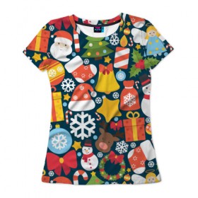 Женская футболка 3D с принтом Новогодний набор в Екатеринбурге, 100% полиэфир ( синтетическое хлопкоподобное полотно) | прямой крой, круглый вырез горловины, длина до линии бедер | new year | елка | новый год | подарок | снеговик | снежинка