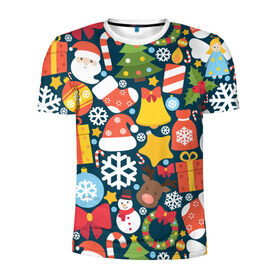 Мужская футболка 3D спортивная с принтом Новогодний набор в Екатеринбурге, 100% полиэстер с улучшенными характеристиками | приталенный силуэт, круглая горловина, широкие плечи, сужается к линии бедра | new year | елка | новый год | подарок | снеговик | снежинка