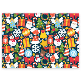 Поздравительная открытка с принтом Новогодний набор в Екатеринбурге, 100% бумага | плотность бумаги 280 г/м2, матовая, на обратной стороне линовка и место для марки
 | new year | елка | новый год | подарок | снеговик | снежинка