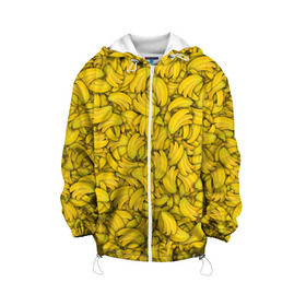 Детская куртка 3D с принтом Бананы в Екатеринбурге, 100% полиэстер | застежка — молния, подол и капюшон оформлены резинкой с фиксаторами, по бокам — два кармана без застежек, один потайной карман на груди, плотность верхнего слоя — 90 г/м2; плотность флисового подклада — 260 г/м2 | Тематика изображения на принте: banana | vegan | банан | веган | желтый | паттерн | текстура | фрукт
