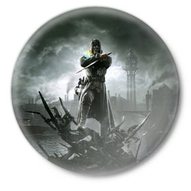 Значок с принтом Dishonored 2 в Екатеринбурге,  металл | круглая форма, металлическая застежка в виде булавки | Тематика изображения на принте: dunwall | дануолл | корво аттано