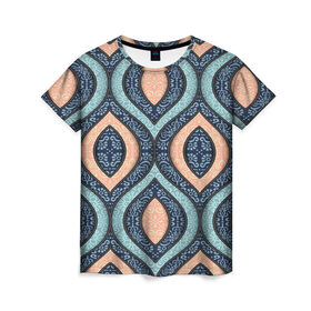 Женская футболка 3D с принтом Восточные узоры в Екатеринбурге, 100% полиэфир ( синтетическое хлопкоподобное полотно) | прямой крой, круглый вырез горловины, длина до линии бедер | бежевый | кружево | мода | модные | синий | узоры | цвет | цветные | яркие