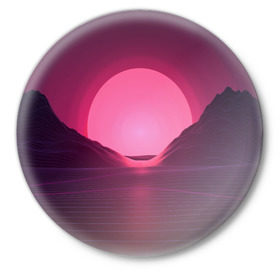 Значок с принтом Cyber Sun в Екатеринбурге,  металл | круглая форма, металлическая застежка в виде булавки | cyber | голограмма | горы | кибер | модные | полосы | ретро | свет | солнце | яркие