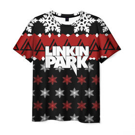 Мужская футболка 3D с принтом Праздничный Linkin Park в Екатеринбурге, 100% полиэфир | прямой крой, круглый вырез горловины, длина до линии бедер | b | chester | linkin park | альтернативный метал | альтернативный рок | беннингтон | группа | знак | красный | линкин парк | музыкант | надпись | новогодний | новый год | ню метал | певец | праздник | рождество