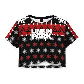 Женская футболка 3D укороченная с принтом Праздничный Linkin Park в Екатеринбурге, 100% полиэстер | круглая горловина, длина футболки до линии талии, рукава с отворотами | b | chester | linkin park | альтернативный метал | альтернативный рок | беннингтон | группа | знак | красный | линкин парк | музыкант | надпись | новогодний | новый год | ню метал | певец | праздник | рождество