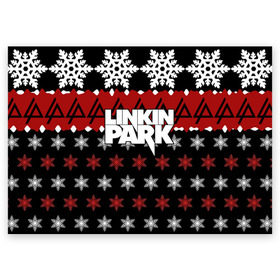 Поздравительная открытка с принтом Праздничный Linkin Park в Екатеринбурге, 100% бумага | плотность бумаги 280 г/м2, матовая, на обратной стороне линовка и место для марки
 | b | chester | linkin park | альтернативный метал | альтернативный рок | беннингтон | группа | знак | красный | линкин парк | музыкант | надпись | новогодний | новый год | ню метал | певец | праздник | рождество