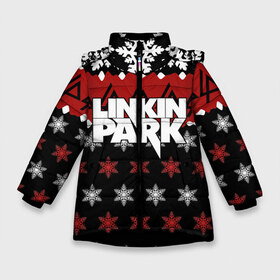 Зимняя куртка для девочек 3D с принтом Праздничный Linkin Park в Екатеринбурге, ткань верха — 100% полиэстер; подклад — 100% полиэстер, утеплитель — 100% полиэстер. | длина ниже бедра, удлиненная спинка, воротник стойка и отстегивающийся капюшон. Есть боковые карманы с листочкой на кнопках, утяжки по низу изделия и внутренний карман на молнии. 

Предусмотрены светоотражающий принт на спинке, радужный светоотражающий элемент на пуллере молнии и на резинке для утяжки. | Тематика изображения на принте: b | chester | linkin park | альтернативный метал | альтернативный рок | беннингтон | группа | знак | красный | линкин парк | музыкант | надпись | новогодний | новый год | ню метал | певец | праздник | рождество