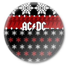 Значок с принтом Праздничный AC/DC в Екатеринбурге,  металл | круглая форма, металлическая застежка в виде булавки | ac dc | acdc | for those about to ro | австралийская | ангус янг | блюз рок | головы | группа | знак | красный | крис слэйд | музыканты | надпись | новогодний | новый год | певцы | праздник | рождество | рок | рок н ролл