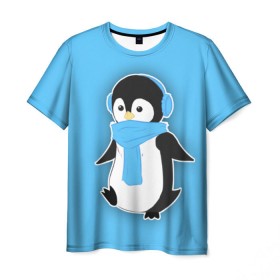 Мужская футболка 3D с принтом Penguin blue в Екатеринбурге, 100% полиэфир | прямой крой, круглый вырез горловины, длина до линии бедер | Тематика изображения на принте: blue | cartoon | penguin | милый | мультик | мультфильм | пингвин | рисунок