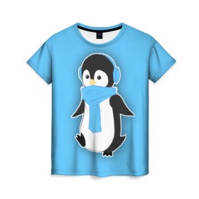 Женская футболка 3D с принтом Penguin blue в Екатеринбурге, 100% полиэфир ( синтетическое хлопкоподобное полотно) | прямой крой, круглый вырез горловины, длина до линии бедер | blue | cartoon | penguin | милый | мультик | мультфильм | пингвин | рисунок