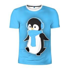 Мужская футболка 3D спортивная с принтом Penguin blue в Екатеринбурге, 100% полиэстер с улучшенными характеристиками | приталенный силуэт, круглая горловина, широкие плечи, сужается к линии бедра | blue | cartoon | penguin | милый | мультик | мультфильм | пингвин | рисунок