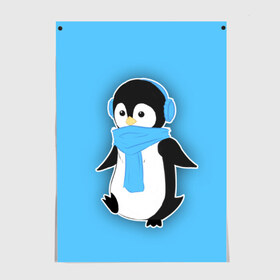 Постер с принтом Penguin blue в Екатеринбурге, 100% бумага
 | бумага, плотность 150 мг. Матовая, но за счет высокого коэффициента гладкости имеет небольшой блеск и дает на свету блики, но в отличии от глянцевой бумаги не покрыта лаком | blue | cartoon | penguin | милый | мультик | мультфильм | пингвин | рисунок