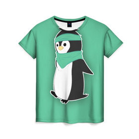 Женская футболка 3D с принтом Penguin green в Екатеринбурге, 100% полиэфир ( синтетическое хлопкоподобное полотно) | прямой крой, круглый вырез горловины, длина до линии бедер | cartoon | green | penguin | зеленый | милый | мультик | мультфильм | пингвин | рисунок