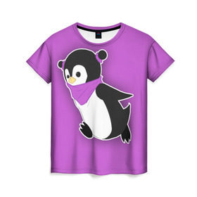 Женская футболка 3D с принтом Penguin purple в Екатеринбурге, 100% полиэфир ( синтетическое хлопкоподобное полотно) | прямой крой, круглый вырез горловины, длина до линии бедер | cartoon | penguin | purple | милый | мультик | мультфильм | пингвин | рисунок | фиолетовый