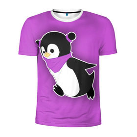 Мужская футболка 3D спортивная с принтом Penguin purple в Екатеринбурге, 100% полиэстер с улучшенными характеристиками | приталенный силуэт, круглая горловина, широкие плечи, сужается к линии бедра | Тематика изображения на принте: cartoon | penguin | purple | милый | мультик | мультфильм | пингвин | рисунок | фиолетовый
