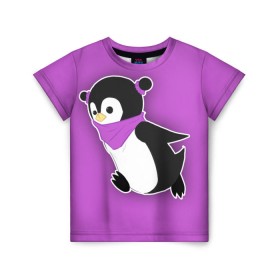 Детская футболка 3D с принтом Penguin purple в Екатеринбурге, 100% гипоаллергенный полиэфир | прямой крой, круглый вырез горловины, длина до линии бедер, чуть спущенное плечо, ткань немного тянется | Тематика изображения на принте: cartoon | penguin | purple | милый | мультик | мультфильм | пингвин | рисунок | фиолетовый