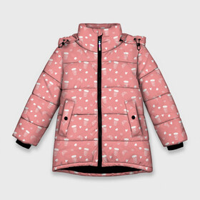 Зимняя куртка для девочек 3D с принтом Французский круассан в Екатеринбурге, ткань верха — 100% полиэстер; подклад — 100% полиэстер, утеплитель — 100% полиэстер. | длина ниже бедра, удлиненная спинка, воротник стойка и отстегивающийся капюшон. Есть боковые карманы с листочкой на кнопках, утяжки по низу изделия и внутренний карман на молнии. 

Предусмотрены светоотражающий принт на спинке, радужный светоотражающий элемент на пуллере молнии и на резинке для утяжки. | Тематика изображения на принте: кофе | круассан | макарон | макарун | пирожное | пончик | сердце | сладкое | сладость | тюльпан | франция