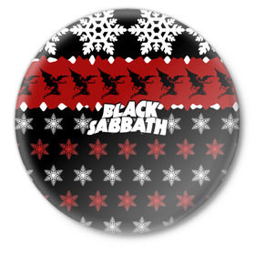 Значок с принтом Праздничный Black Sabbath в Екатеринбурге,  металл | круглая форма, металлическая застежка в виде булавки | black sabbath | группа | новогодний | новый год | рождество | свитер | снежинки | хард рок | хеви метал