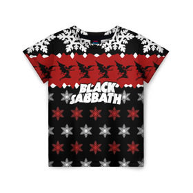 Детская футболка 3D с принтом Праздничный Black Sabbath в Екатеринбурге, 100% гипоаллергенный полиэфир | прямой крой, круглый вырез горловины, длина до линии бедер, чуть спущенное плечо, ткань немного тянется | Тематика изображения на принте: black sabbath | группа | новогодний | новый год | рождество | свитер | снежинки | хард рок | хеви метал