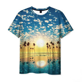 Мужская футболка 3D с принтом Туристический Рай в Екатеринбурге, 100% полиэфир | прямой крой, круглый вырез горловины, длина до линии бедер | блик | вода | волна | восход | закат | море | небо | облако | отблеск | отпуск | отражение | пальма | солнце | турист