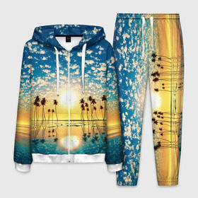 Мужской костюм 3D с принтом Туристический Рай в Екатеринбурге, 100% полиэстер | Манжеты и пояс оформлены тканевой резинкой, двухслойный капюшон со шнурком для регулировки, карманы спереди | блик | вода | волна | восход | закат | море | небо | облако | отблеск | отпуск | отражение | пальма | солнце | турист