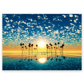 Поздравительная открытка с принтом Туристический Рай в Екатеринбурге, 100% бумага | плотность бумаги 280 г/м2, матовая, на обратной стороне линовка и место для марки
 | блик | вода | волна | восход | закат | море | небо | облако | отблеск | отпуск | отражение | пальма | солнце | турист